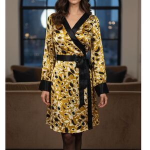 BCBG Max Azria Adele Wrap Dress M Black Gold Satin Abstract Y2K Geometric Midi